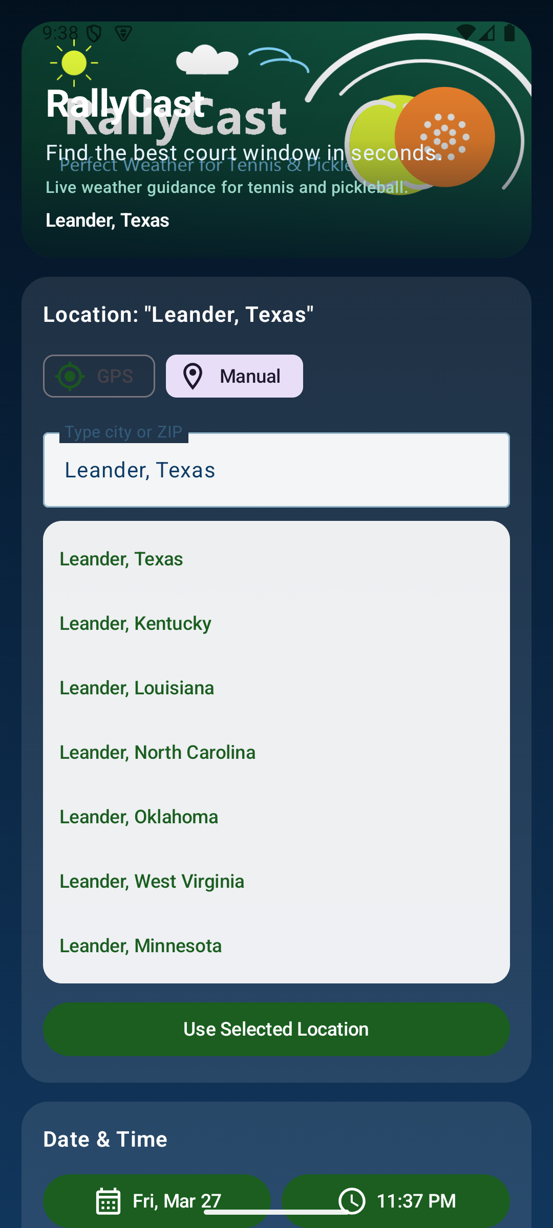 RallyCast landing screen in the app