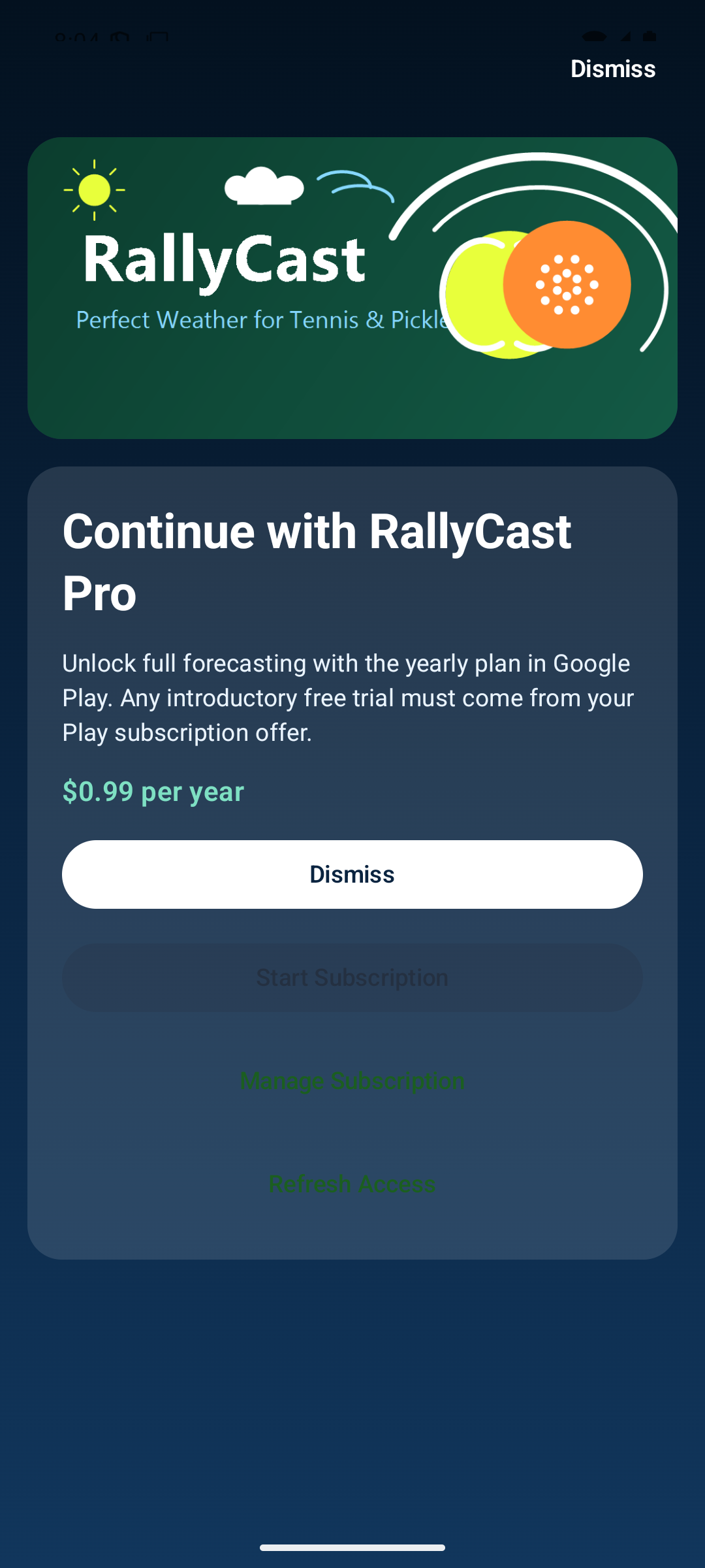 RallyCast subscription screen